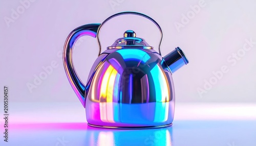 Iridescent Chrome Teapot Reflecting Vibrant Neon Lights.