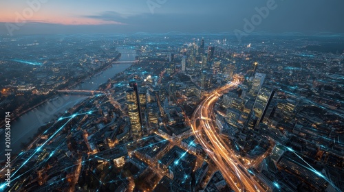 Futuristic city network connecting buildings with light trails at dusk