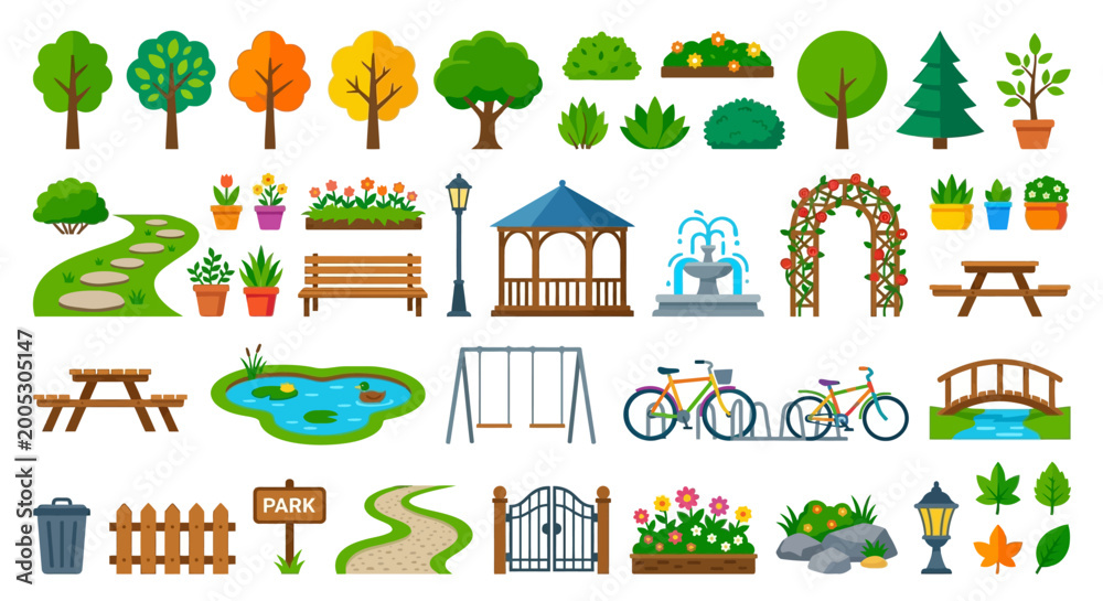 Obraz premium park elements collection colorful vector illustration on white background