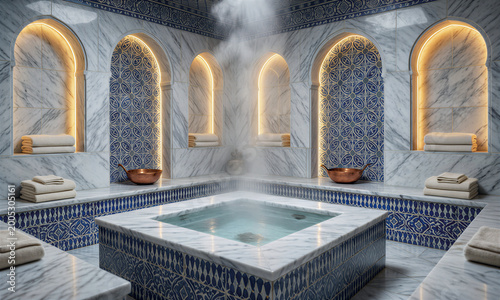 Serene empty hammam with polished Carrara marble walls, blue Iznik tiles, and gentle steam for tranquil traditional wellness relaxation