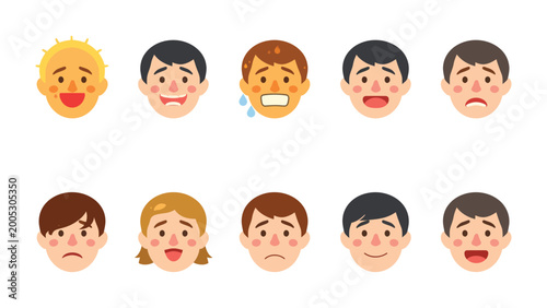 Photos Emotions in Focus: A vivid display of diverse human emotions captured through a series of expressive faces, each conveying a unique feeling, ranging from happiness to sorrow and beyond