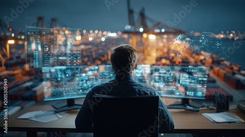 Man analyzing digital data on futuristic screens at night