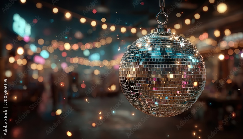 Fototapeta premium Shiny disco ball hanging from ceiling, reflecting party lights in dark room