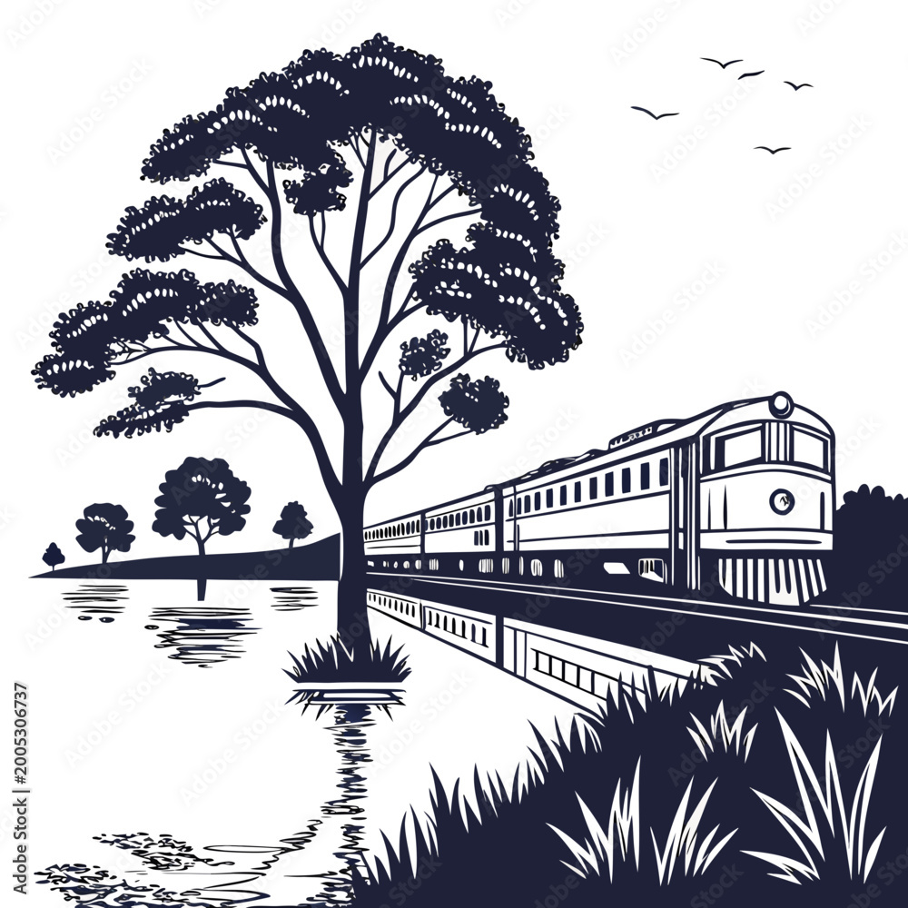 Obraz premium Train beside lake shore with trees black and white silhouette illustration