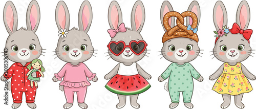 Foto Cute Bunny Character Set with Different Outfits and Accessories, Ideal for Child