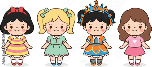 Foto Cute Girl Character Set with Colorful Dresses and Hairstyles, Ideal for Childhoo