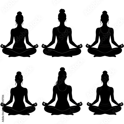 Six black silhouettes of women in various lotus positions