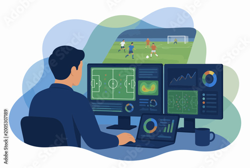 Football Performance Analyst Monitoring Match Statistics on Screen