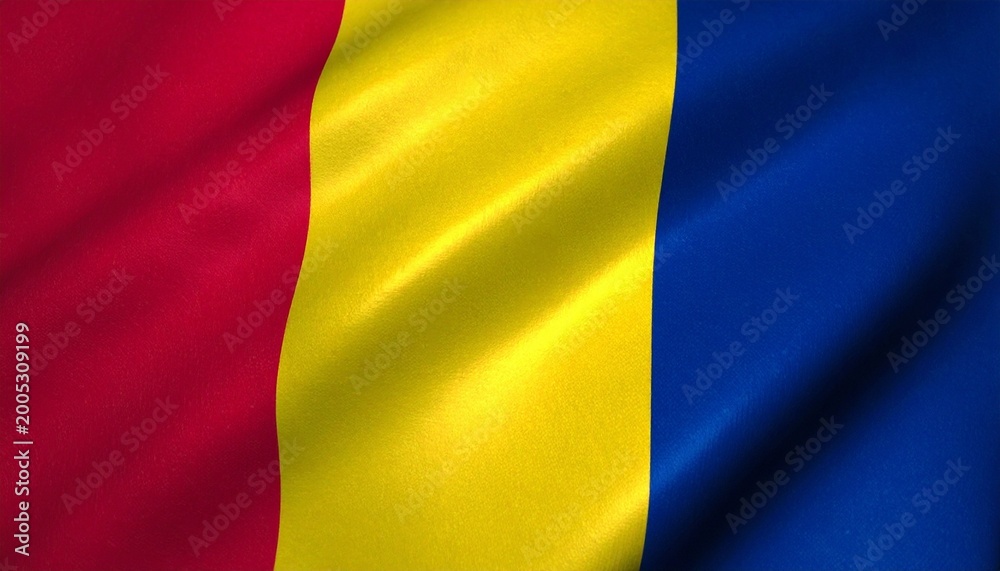 Obraz premium A tricolor flag of red, yellow, and blue stripes, symbolizing history, unity, resilience, and Romania’s enduring cultural pride and national identity.