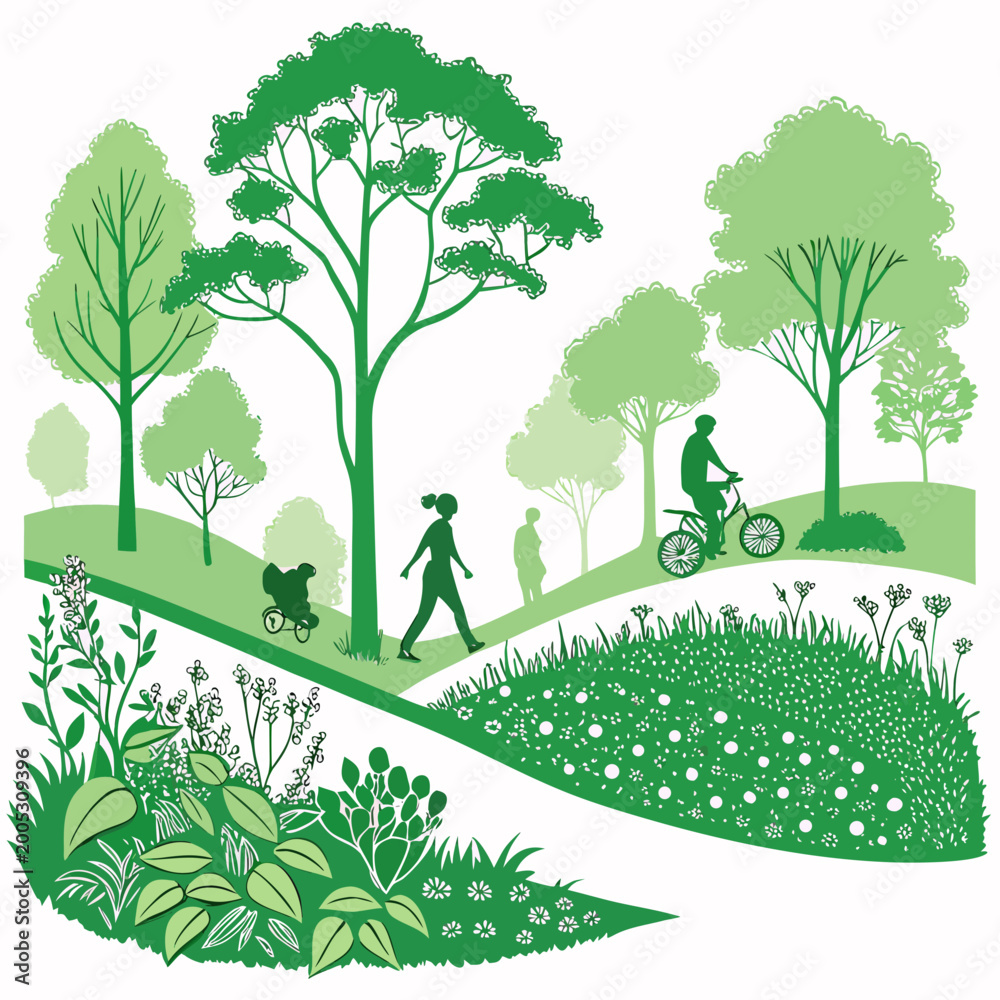 Obraz premium Green park scene with trees walking paths and people on a white background