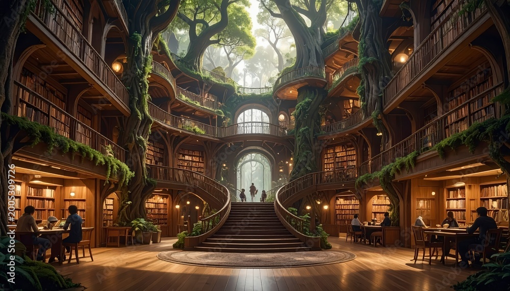Fototapeta premium Sunlit Tree Library Interior with Central Staircase — Enchanted Study
