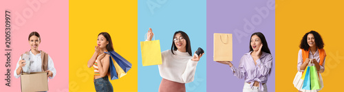 Set of many women with shop...