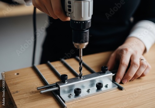 Closeup of a person using a power drill with a metal jig guide to bore a hole into a wooden board