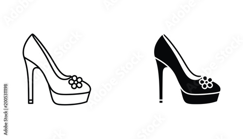 Quadro su tela Elegant high heel shoe icon set with floral detail in outline and solid black fo
