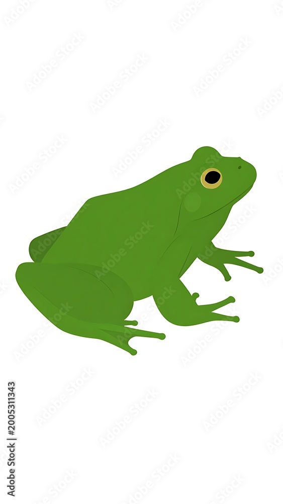 Fototapeta premium A vibrant green cartoon frog with a large eye sits on a plain white background