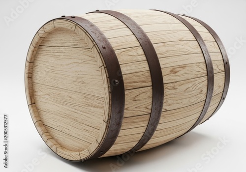 A wooden barrel with metal hoops isolated on white background