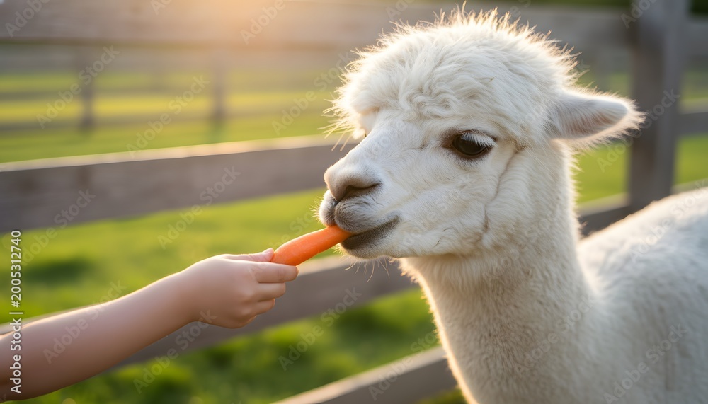 Naklejka premium A young child feeding a white alpaca a carrot in a zoo setting during golden hour, representing an animal care and educational connection concept for family travel
