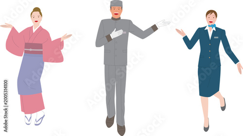 ホテルのボーイの男性と案内する女性スタッフ。和服の中居さんの女性。宿泊業で元気で働くイラスト。