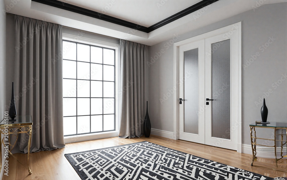 Fototapeta premium Modern room with gray walls black-trimmed ceiling and geometric rug.