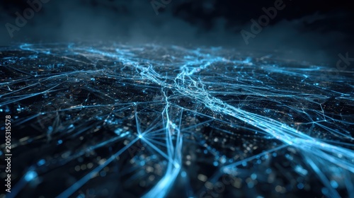 Abstract network of glowing blue lines over dark city lights