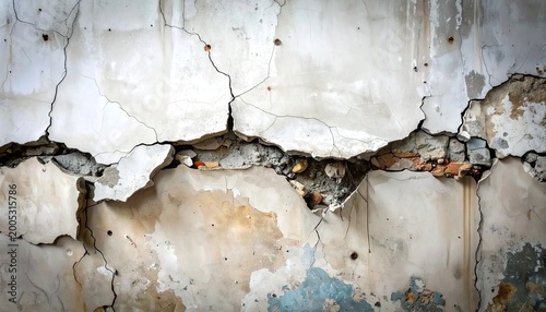 Close up of cracked concrete wall with visible texture and damage details