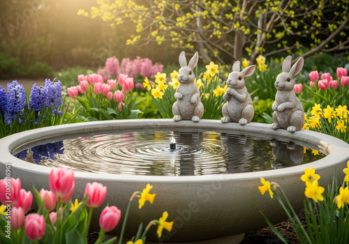 Three Adorable Rabbit Statues Surrounding a Tranquil Fountain in a Colorful Spring Garden