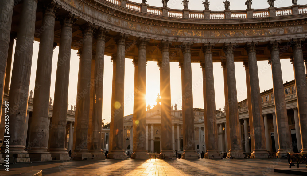 Fototapeta premium grand columns framing a sunset view. Light shines through the columns, highlighting the architecture and the peaceful setting.