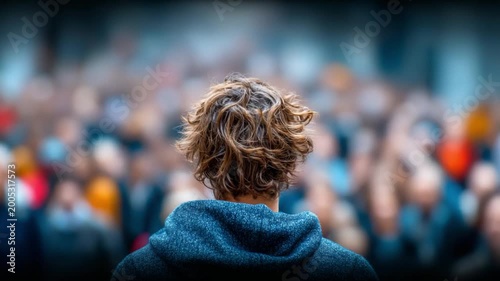 A Moment of Audience: A lone individual stands before a massive assembly, their gaze fixed on the sea of people beyond, a powerful symbol of connection.