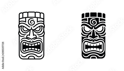 Foto Polynesian tiki mask totem vector icon set in outline and solid styles for tropi