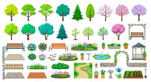 Fényképezés vector illustration of trees flowers and garden elements