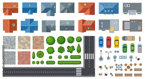 Bild auf Leinwand city building set vector illustration with houses trees and roads