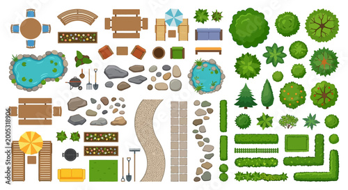 Fotografie garden elements set top view isolated on white background
