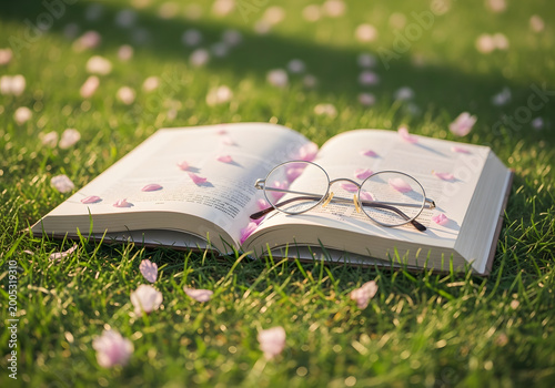 Open Book with Glasses on Grass Surrounded by Flower Petals in Soft Light
