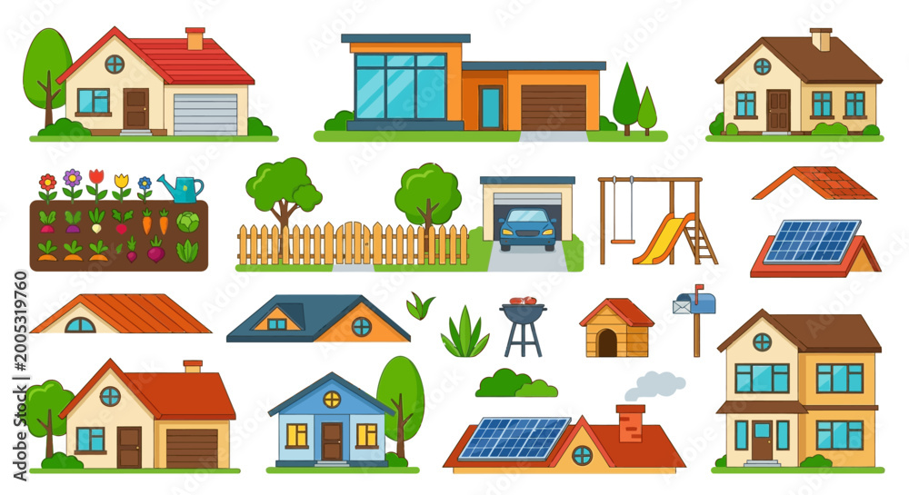 Fototapeta premium collection of colorful house and garden vector illustrations on white background