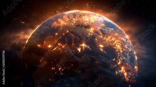 Dramatic digital artwork of Earth's surface glowing intensely with fiery energy, symbolizing global transformation and powerful cosmic forces