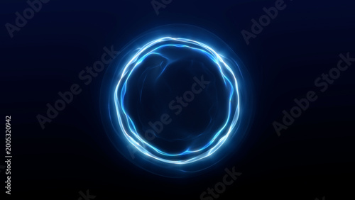 Electric blue plasma ring on dark background, abstract glowing energy circle with soft aura and digital wave texture, futuristic technology illustration.