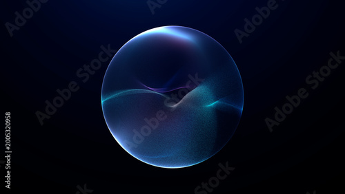 Foto Abstract blue transparent sphere on dark background, glowing cyan and violet inner wave, futuristic glass orb, elegant digital technology illustration
