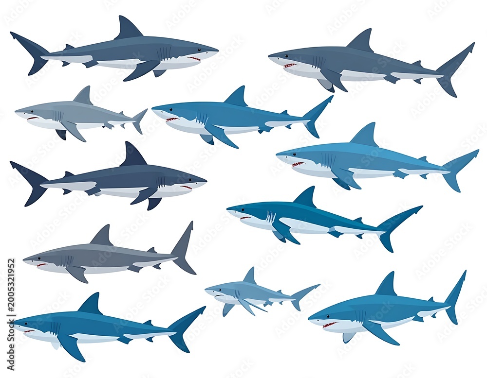 Obraz premium A group of 12 cartoon sharks in various shades of blue and gray