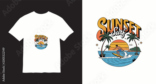 Sunset surf tropical design with surfer riding wave and palm trees.