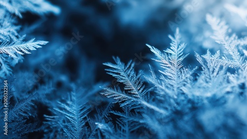 Intricate fern like ice crystals sparkling with a vibrant blue glow against a dark background