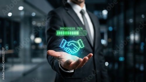 Executive displays innovative digital progress and partnership symbol, indicating success and collaboration.