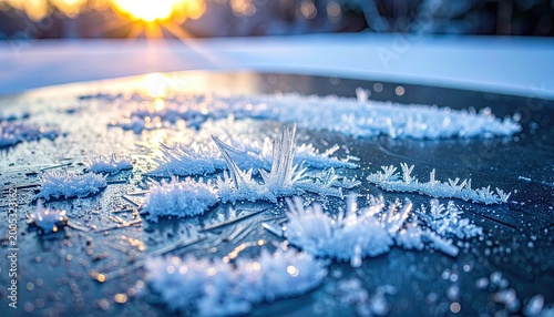 Close up of ice crystals on a surface at dawn with blurred background