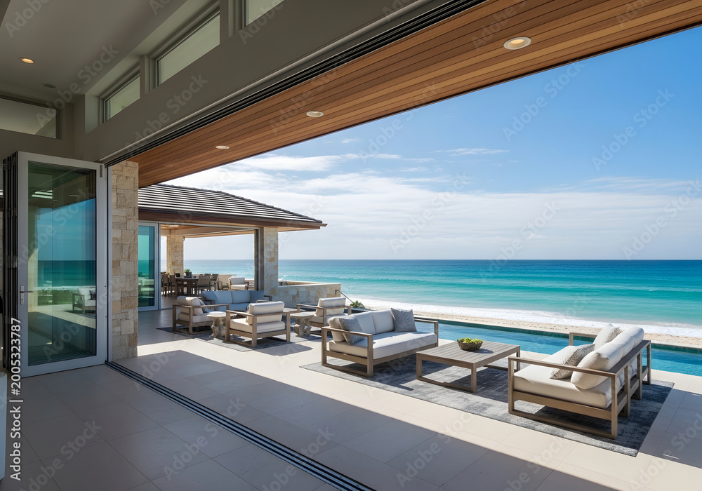 Fototapeta premium Modern Beachfront Living Space with Ocean View