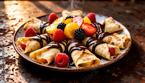 The plate features crepes filled with cream, topped with berries and chocolate. Fresh raspberries, blackberries, and oranges adorn the delicious crepes, enhancing their appeal.