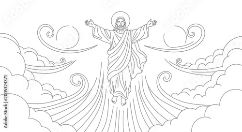 Fotografie Jesus Christ standing on clouds with arms outstretched.