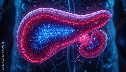 Digital representation of the human pancreas shows glowing cellular structures and internal networks.