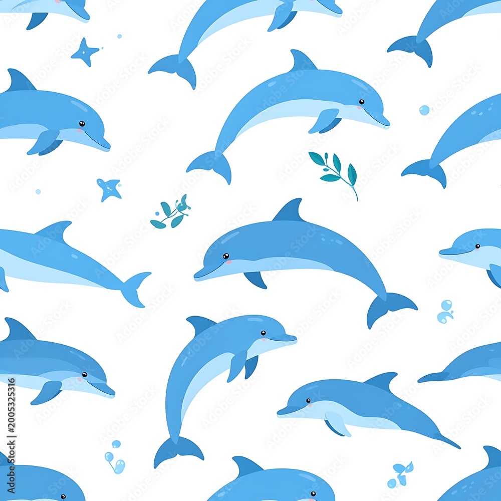 Fototapeta premium A pattern of cartoonish blue dolphins and aquatic elements