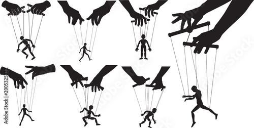 Foto marionette puppet controlled by human hands on strings, silhouettes vector set,