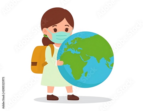 A young girl wearing a mask holding a large globe