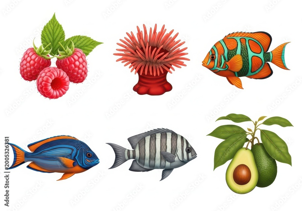 Fototapeta premium Colorful assortment of fruits, fish, and sea life